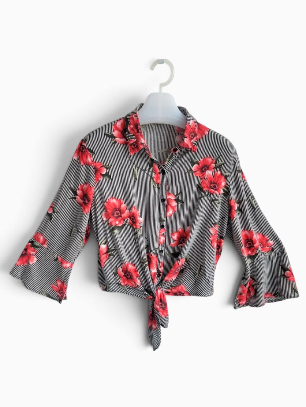 Iris Black White Striped Floral Tie Front Blouse L Bell Sleeve Boho Chic